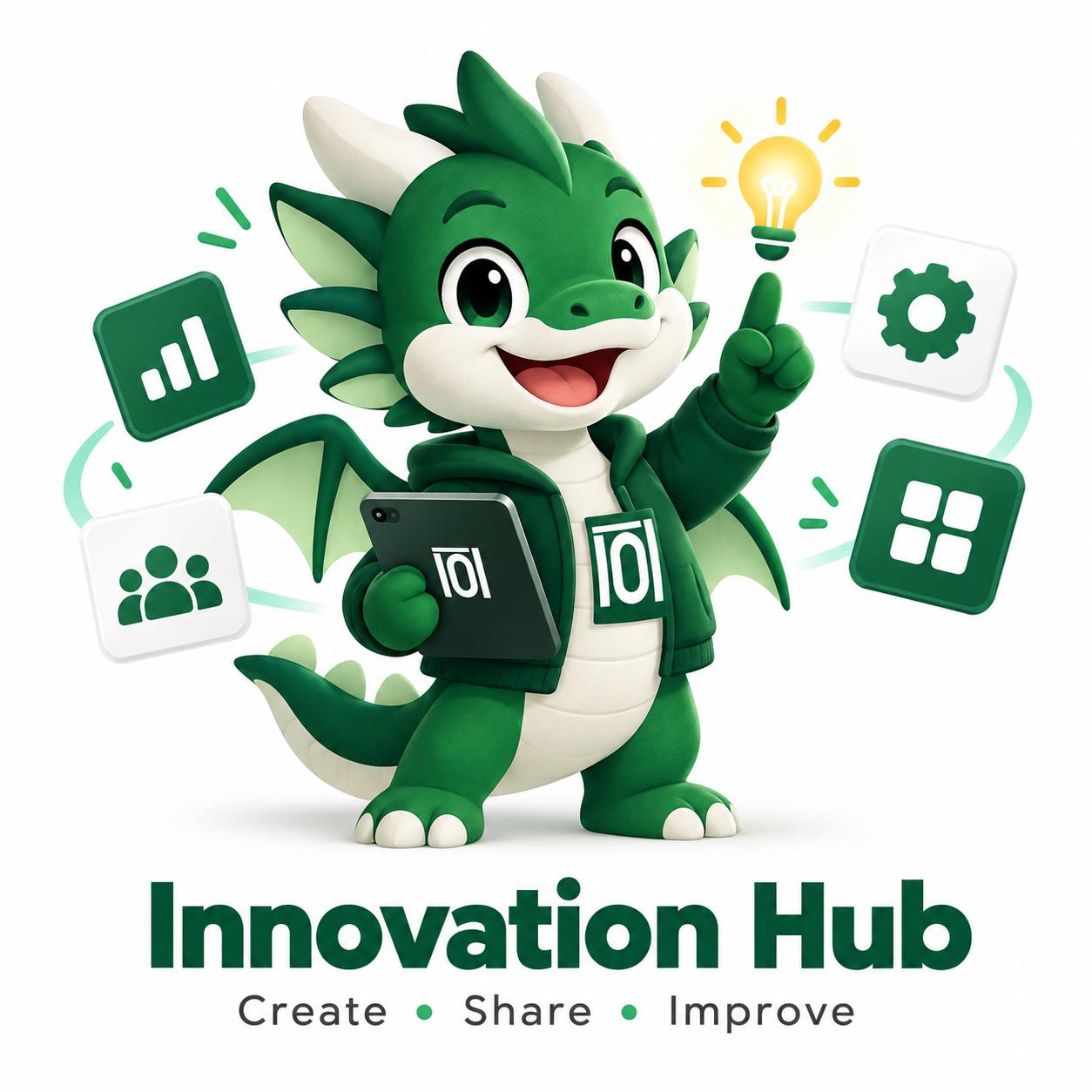 Innovation Hub mascot: a friendly green dragon in a Hotel101 jacket. Create, Share, Improve.